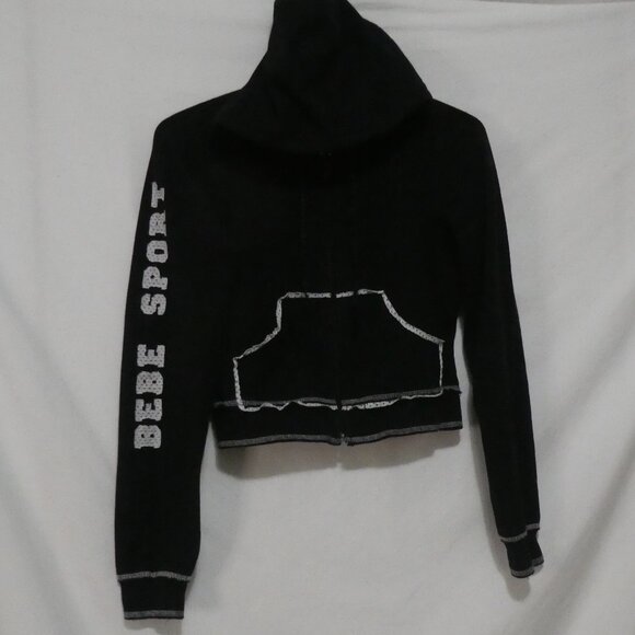BEBE SPORT | small | Black & White Cropped Mesh Lined Hoodie | Logo & Stripes - Picture 2 of 15